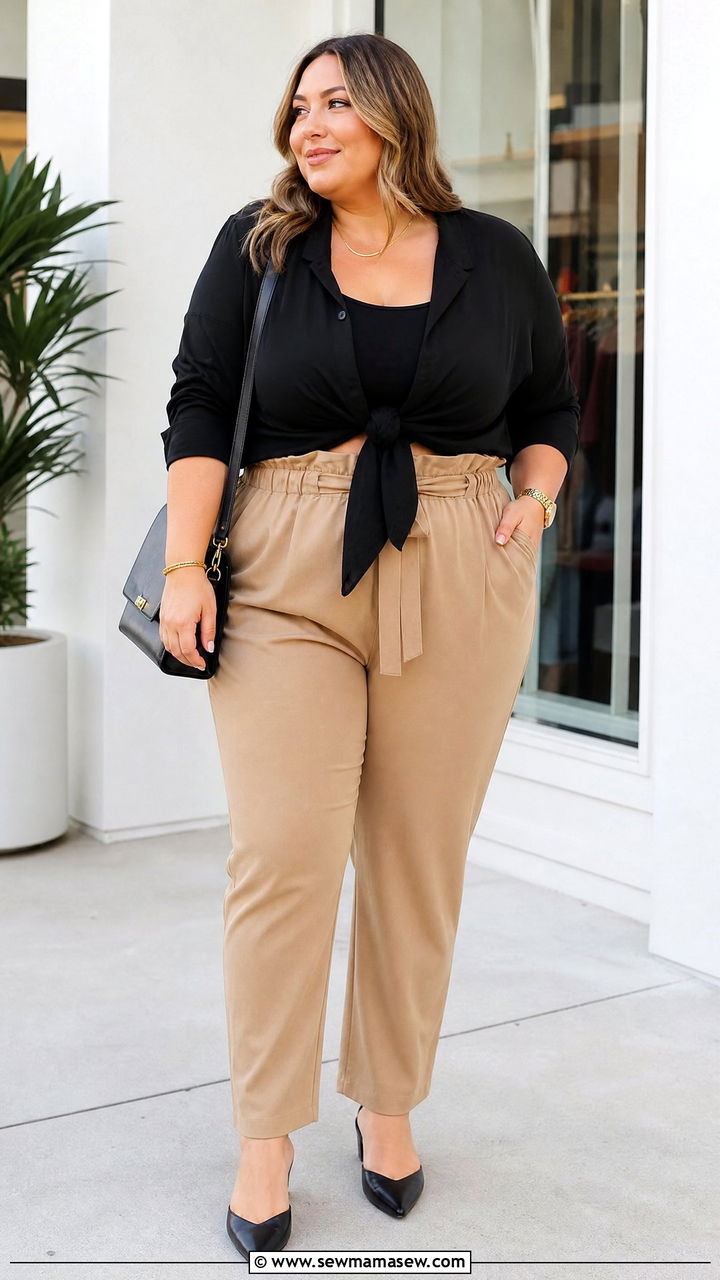Plus Size Tie Front Top With Paperbag Pants - 20 plus size tie front top outfit ideas