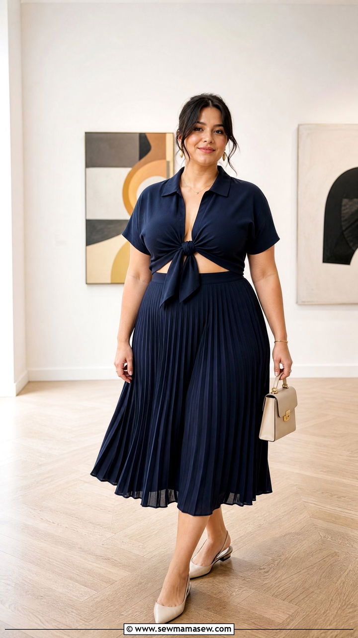 Plus Size Tie Front Top With Pleated Skirt - 20 plus size tie front top outfit ideas