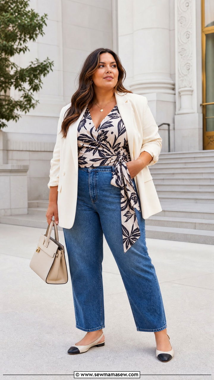 Plus Size Tie Front Wrap Top With A Blazer - 20 plus size tie front wrap top outfit ideas