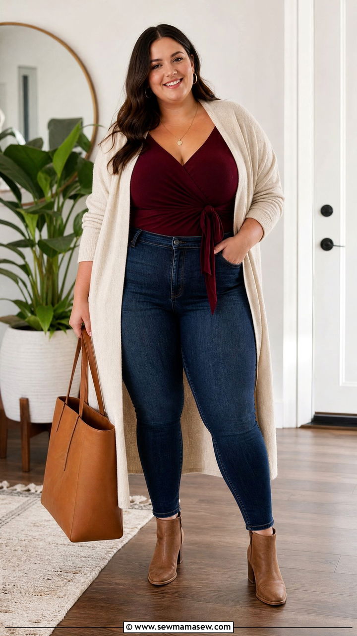 Plus Size Tie Front Wrap Top With A Cardigan - 20 plus size tie front wrap top outfit ideas