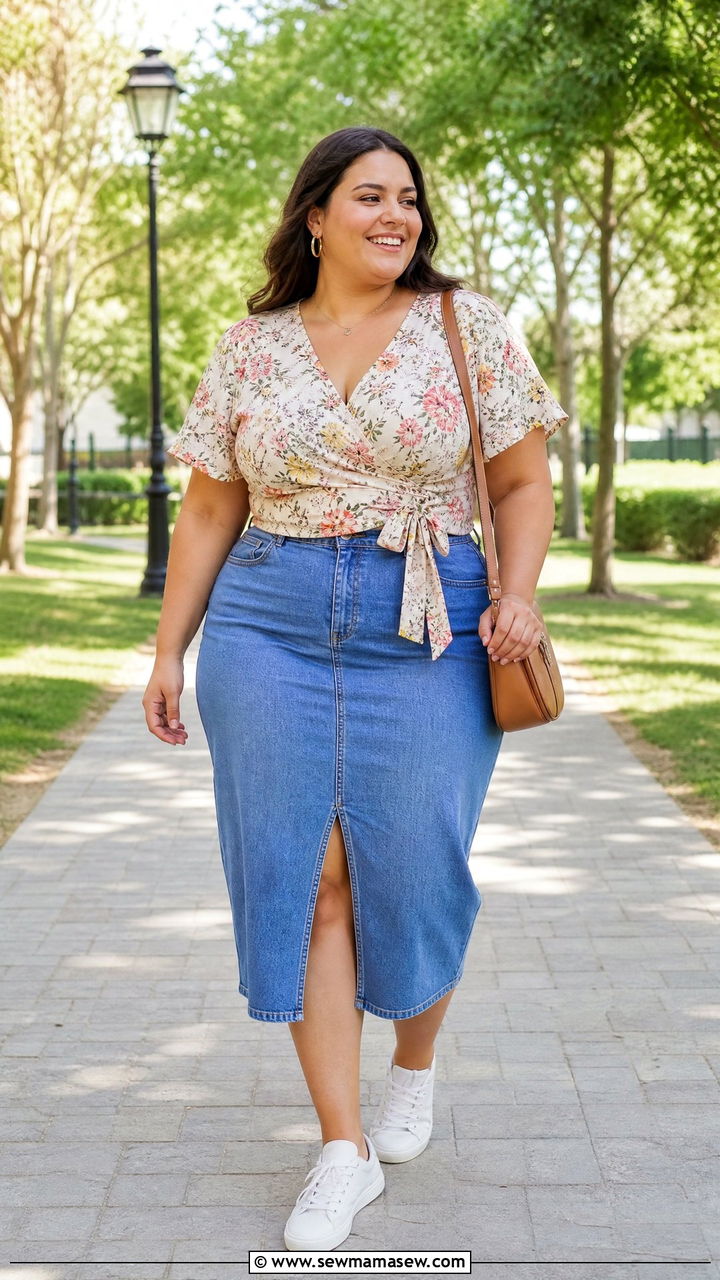 Plus Size Tie Front Wrap Top With A Denim Skirt - 20 plus size tie front wrap top outfit ideas