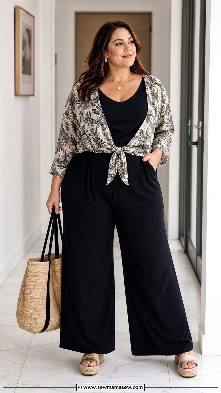 Plus Size Tie Front Wrap Top With A Jumpsuit Layer - 20 plus size tie front wrap top outfit ideas