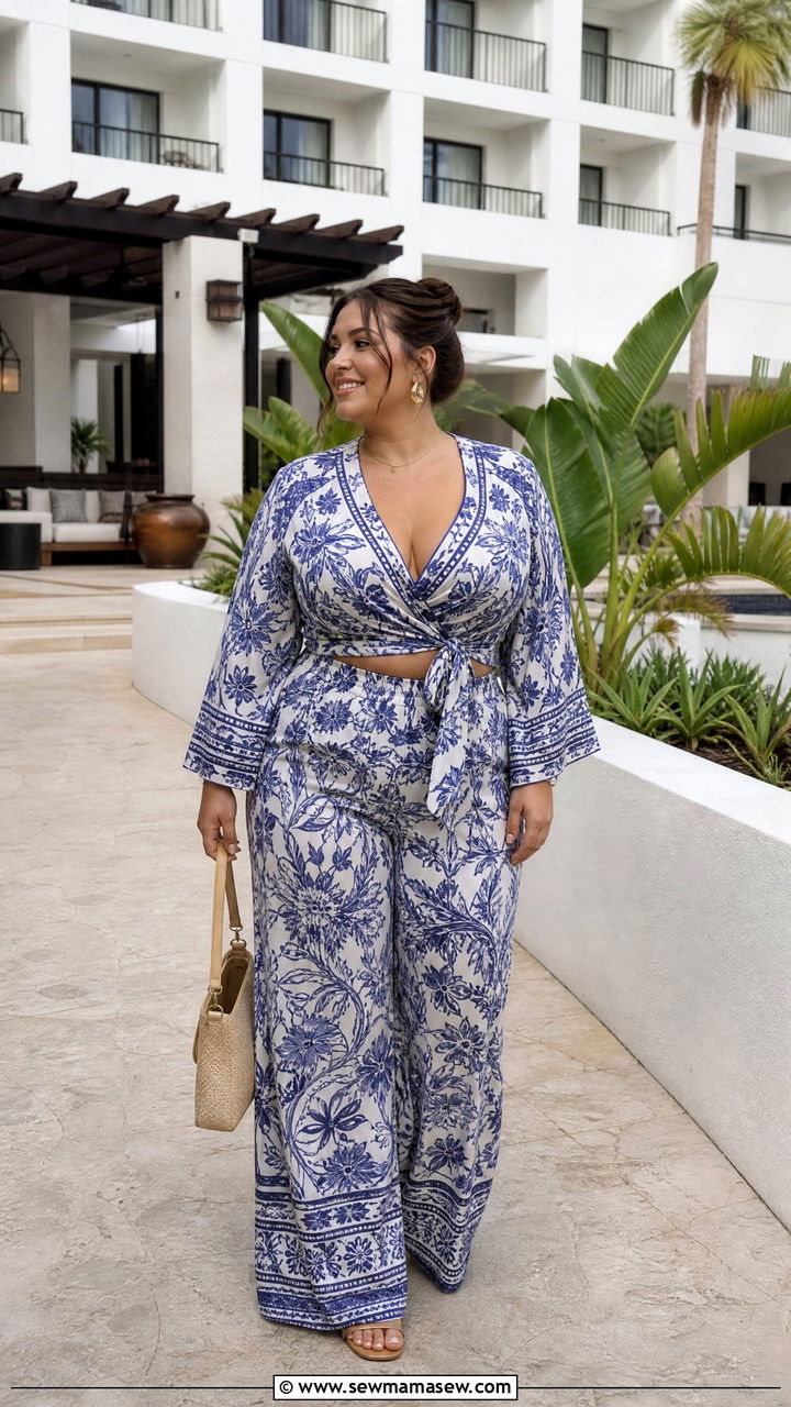 Plus Size Tie Front Wrap Top With A Matching Set Bottom - 20 plus size tie front wrap top outfit ideas