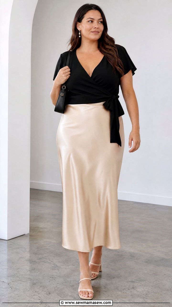 Plus Size Tie Front Wrap Top With A Slip Skirt - 20 plus size tie front wrap top outfit ideas