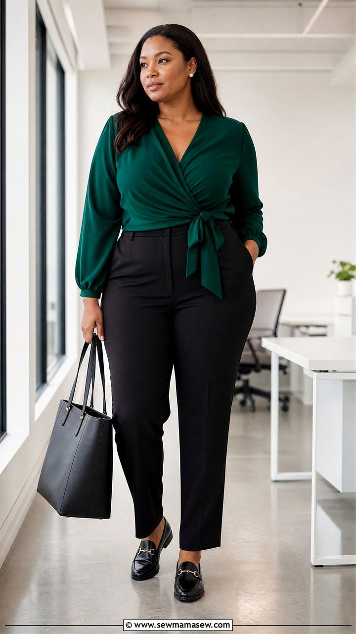 Plus Size Tie Front Wrap Top With Black Trousers - 20 plus size tie front wrap top outfit ideas