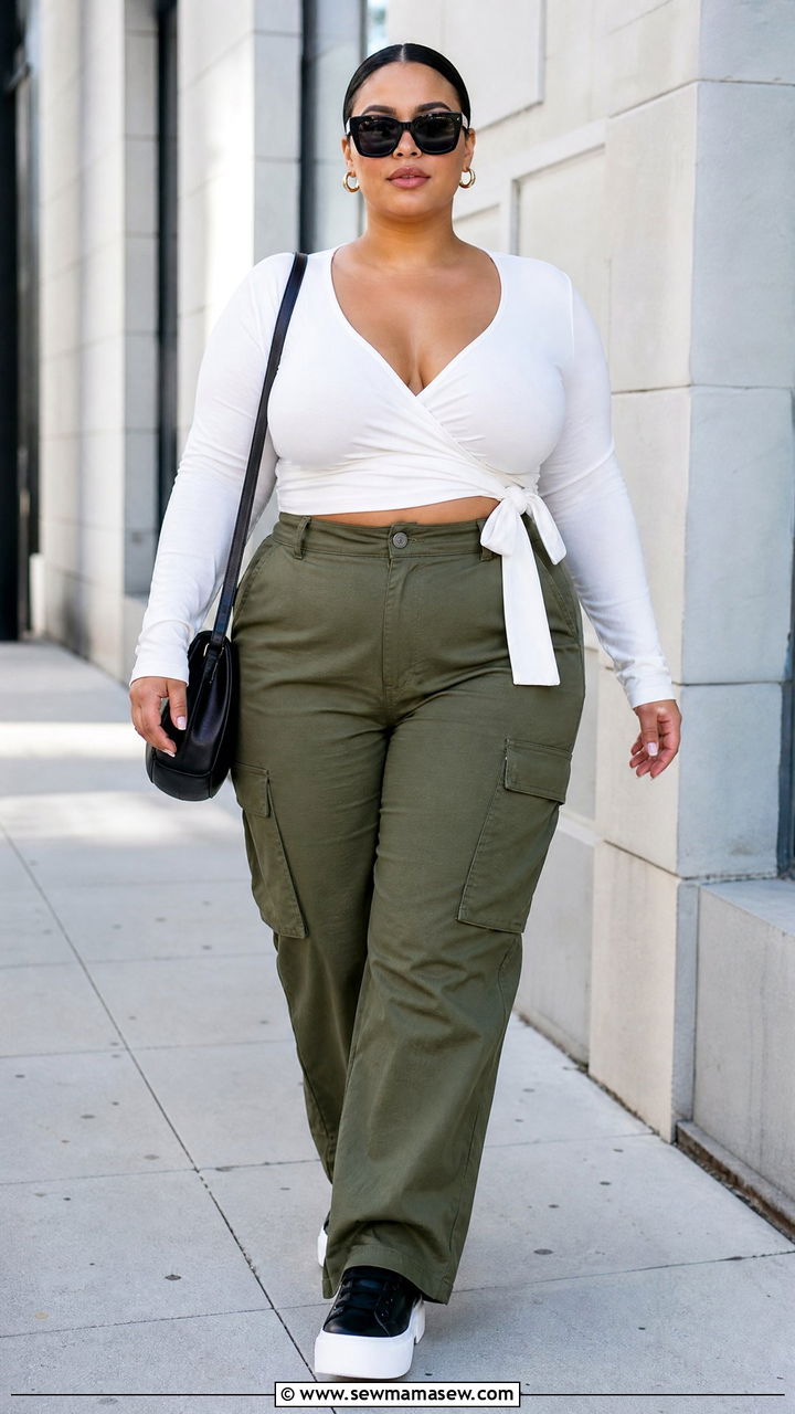 Plus Size Tie Front Wrap Top With Cargo Pants - 20 plus size tie front wrap top outfit ideas