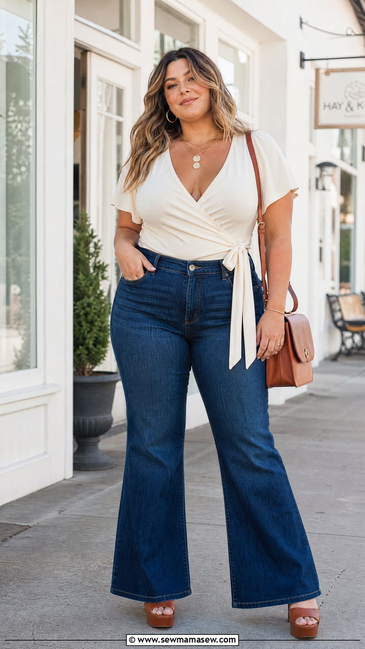 Plus Size Tie Front Wrap Top With Flare Jeans - 20 plus size tie front wrap top outfit ideas