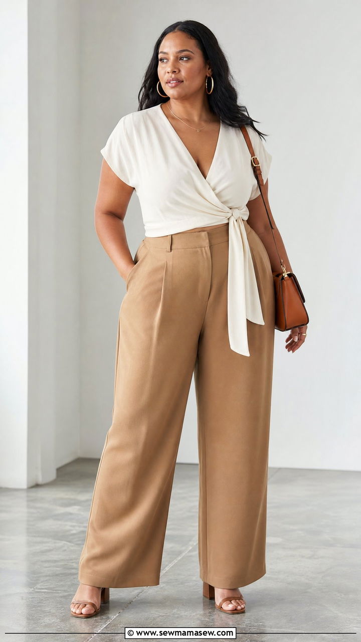 Plus Size Tie Front Wrap Top With Wide Leg Pants - 20 plus size tie front wrap top outfit ideas