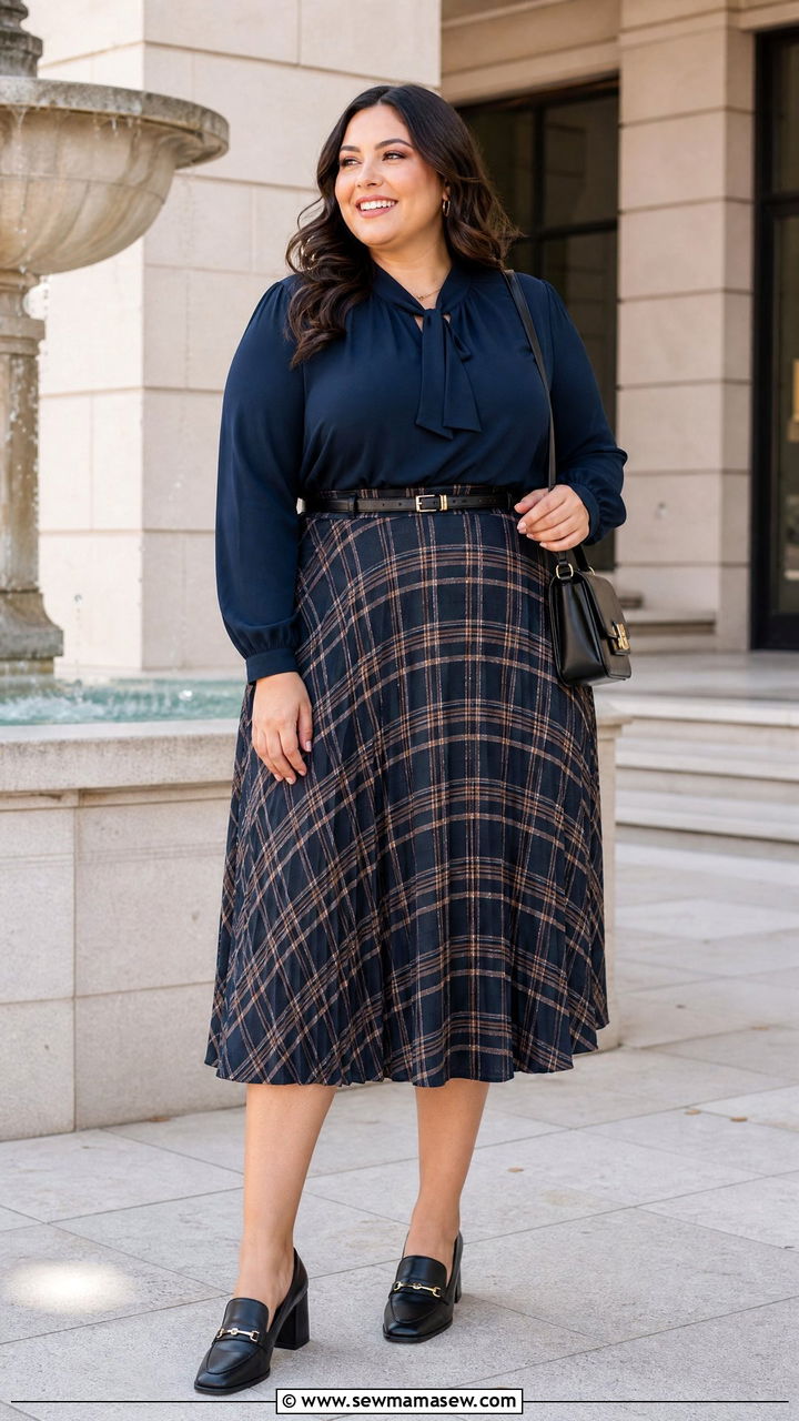 Plus Size Tie Neck Blouse With A Line Skirt - 20 plus size tie neck blouse outfit ideas
