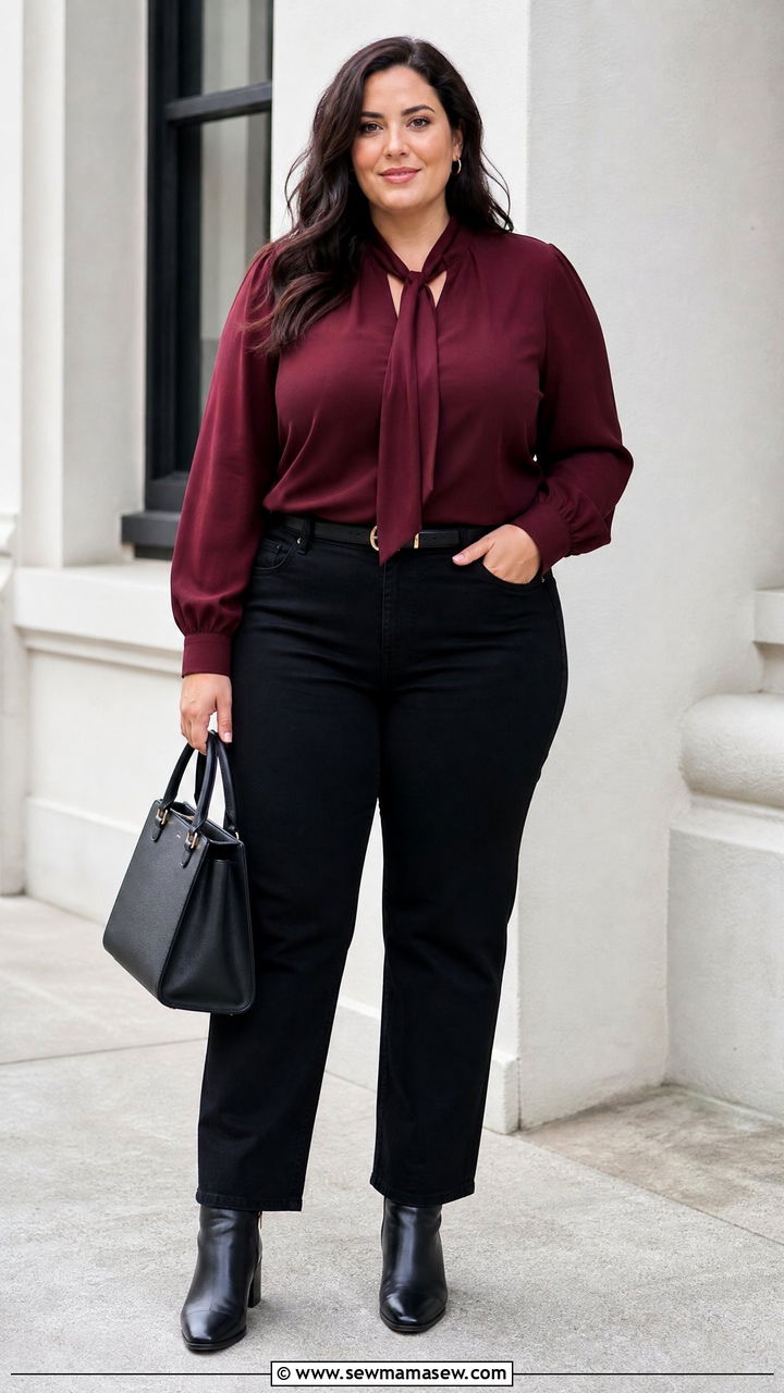 Plus Size Tie Neck Blouse With Black Jeans - 20 plus size tie neck blouse outfit ideas