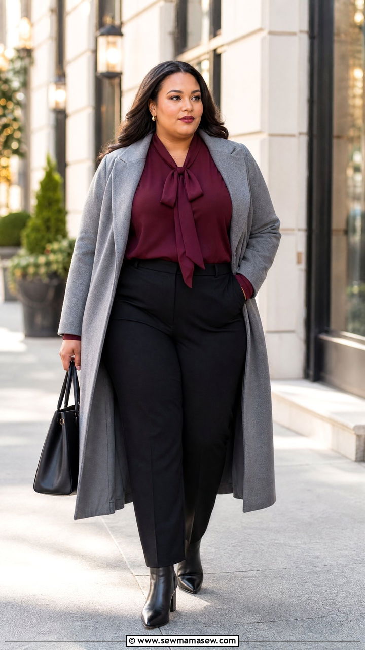 Plus Size Tie Neck Blouse With Long Coat - 20 plus size tie neck blouse outfit ideas