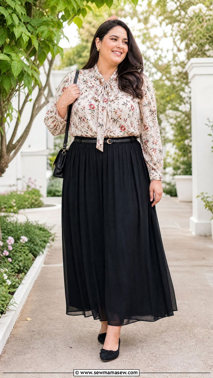 Plus Size Tie Neck Blouse With Maxi Skirt - 20 plus size tie neck blouse outfit ideas