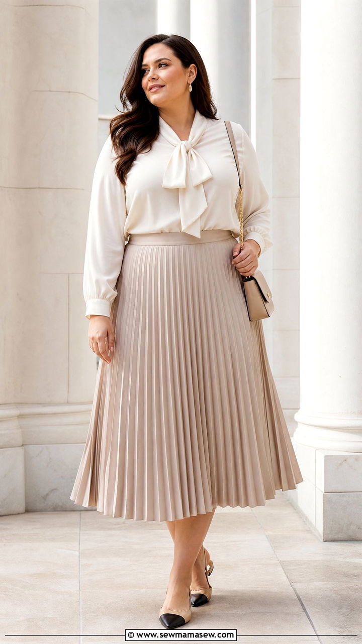 Plus Size Tie Neck Blouse With Pleated Skirt - 20 plus size blouse outfit ideas
