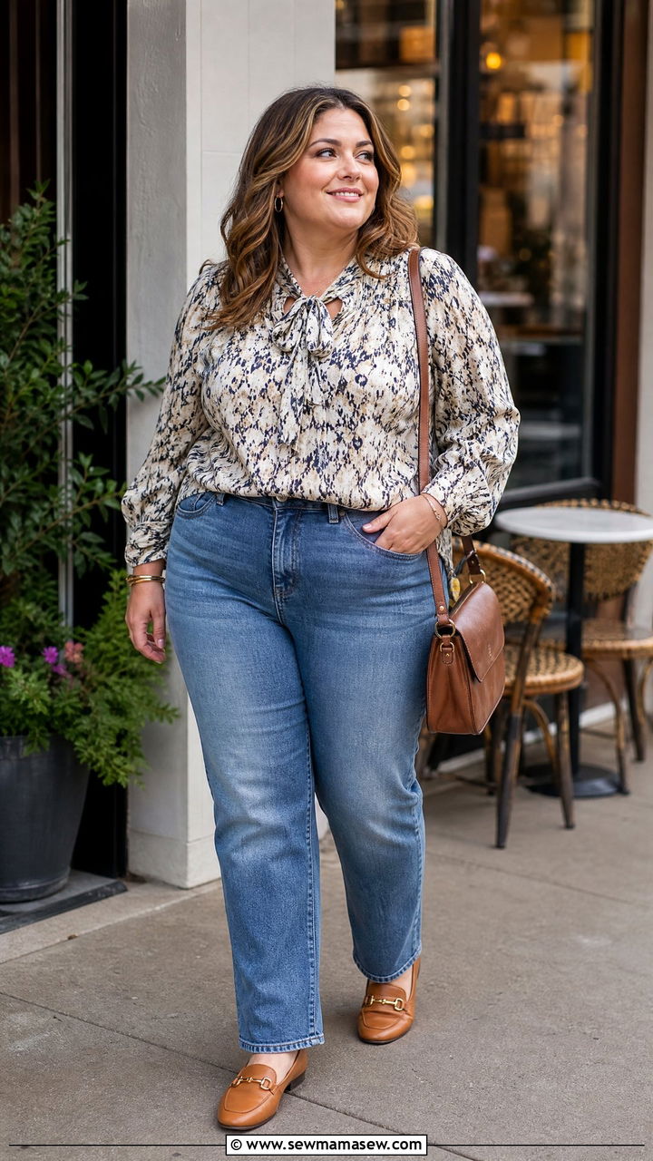 Plus Size Tie Neck Blouse With Straight Leg Jeans - 20 plus size tie neck blouse outfit ideas