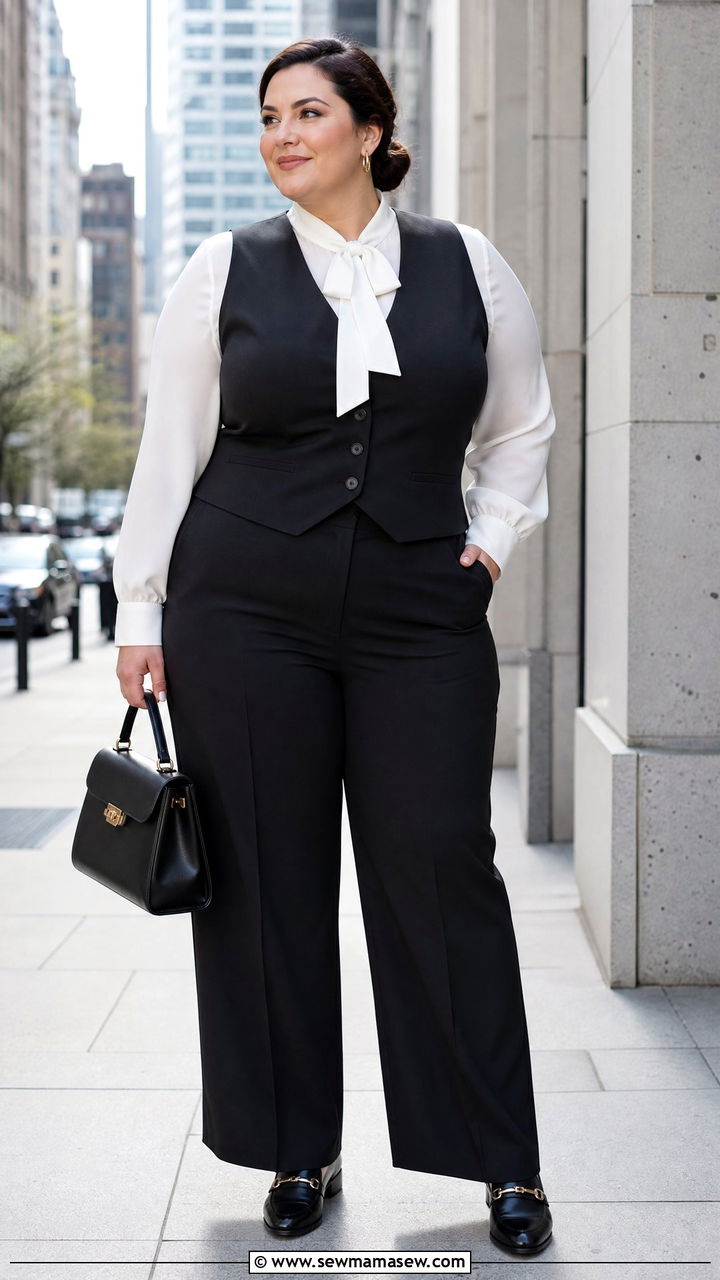 Plus Size Tie Neck Blouse With Vest And Trousers - 20 plus size tie neck blouse outfit ideas