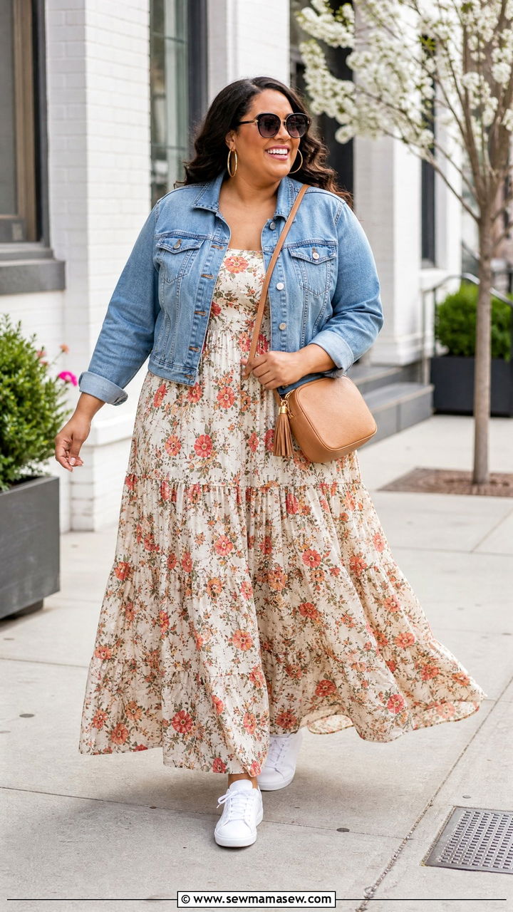 Plus Size Tiered Maxi Dress With Denim Jacket - 20 plus size tiered dress outfit ideas