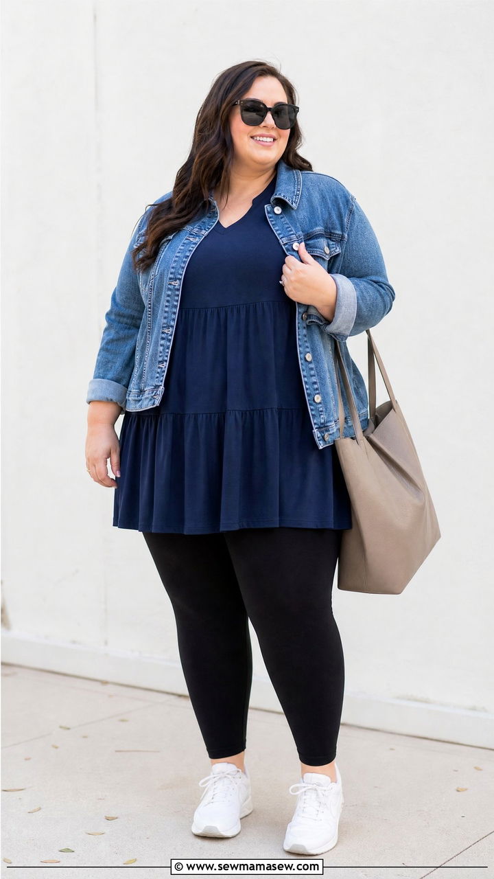 Plus Size Tiered Top With Black Leggings - 20 plus size tiered top outfit ideas