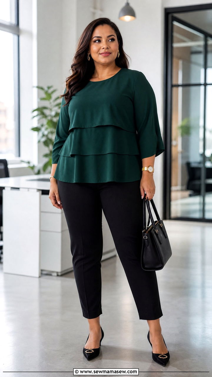 Plus Size Tiered Top With Black Trousers - 20 plus size tiered top outfit ideas