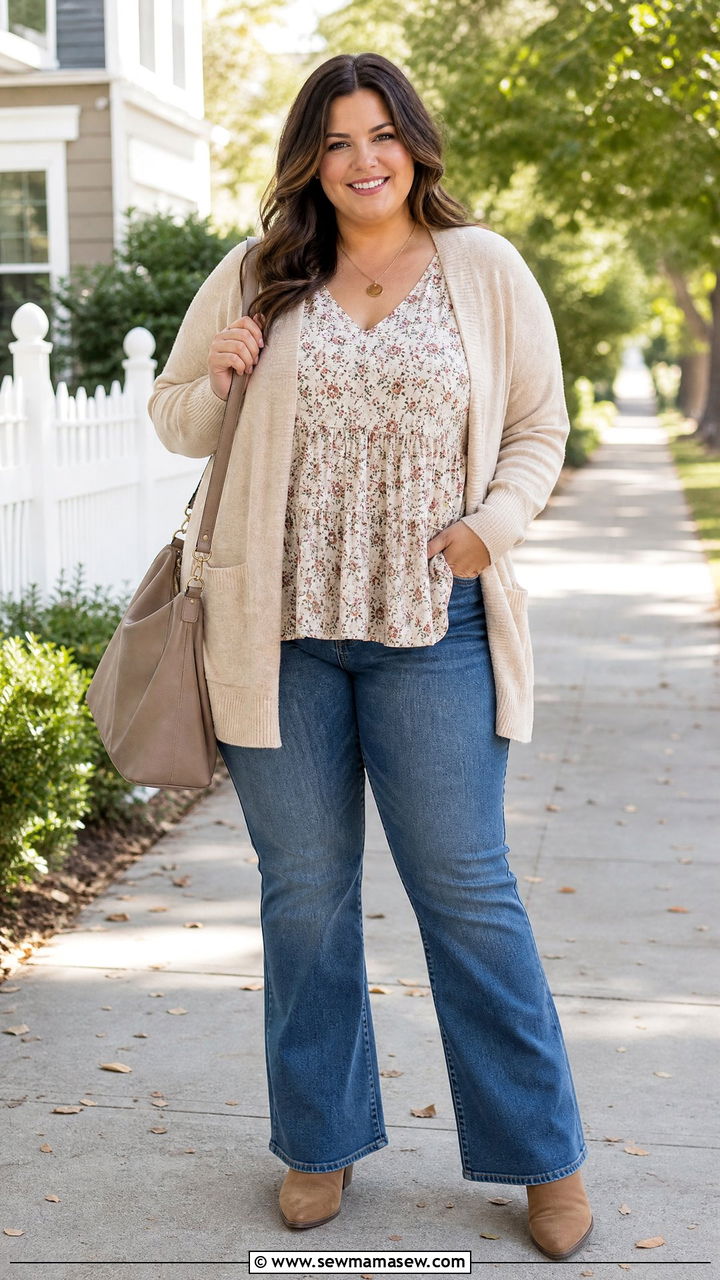Plus Size Tiered Top With Cardigan And Jeans - 20 plus size tiered top outfit ideas