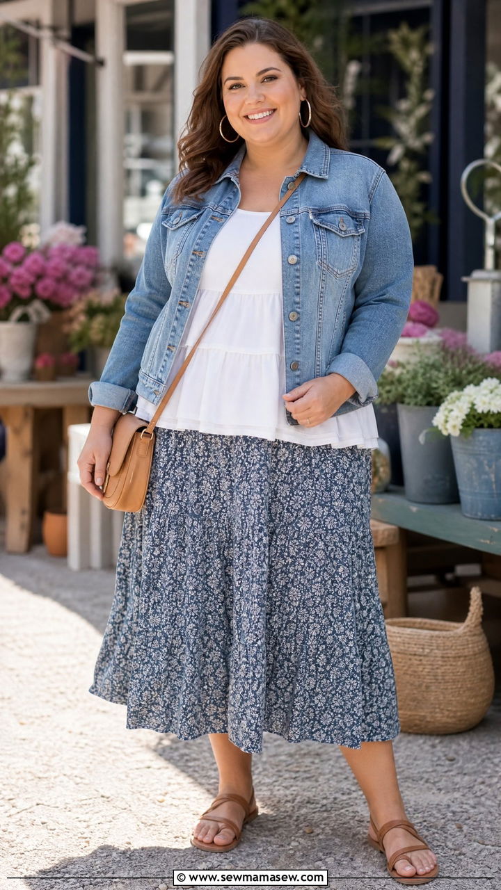 Plus Size Tiered Top With Denim Jacket And Skirt - 20 plus size tiered top outfit ideas