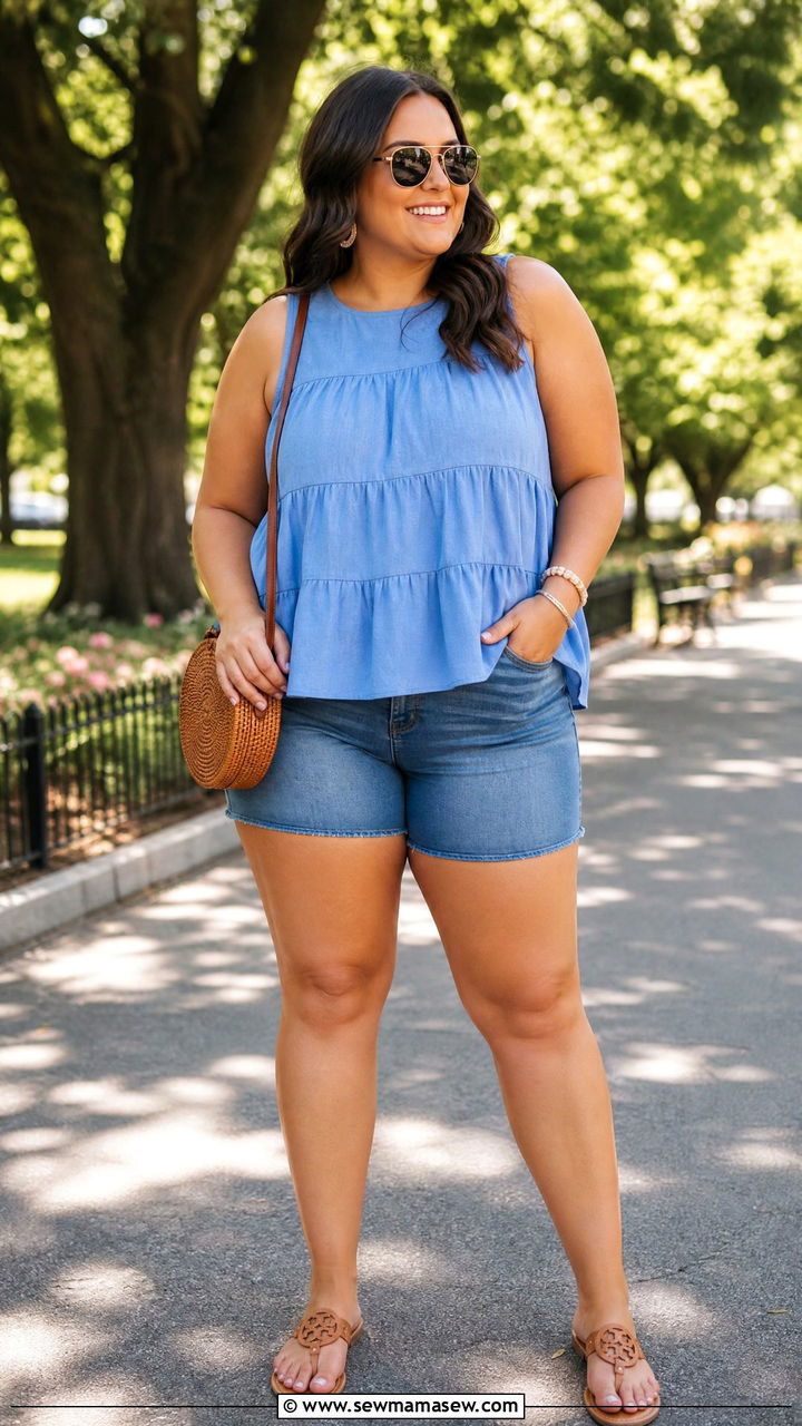 Plus Size Tiered Top With Denim Shorts - 20 plus size tiered top outfit ideas
