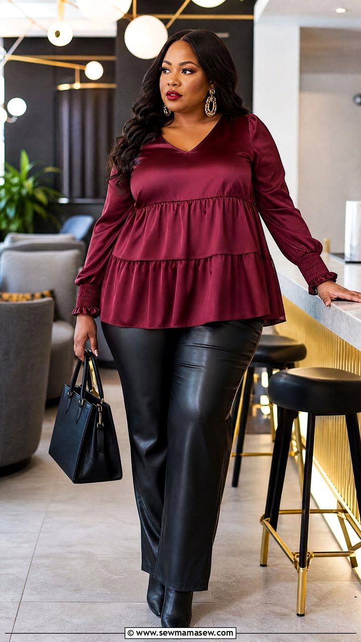 Plus Size Tiered Top With Faux Leather Pants - 20 plus size tiered top outfit ideas