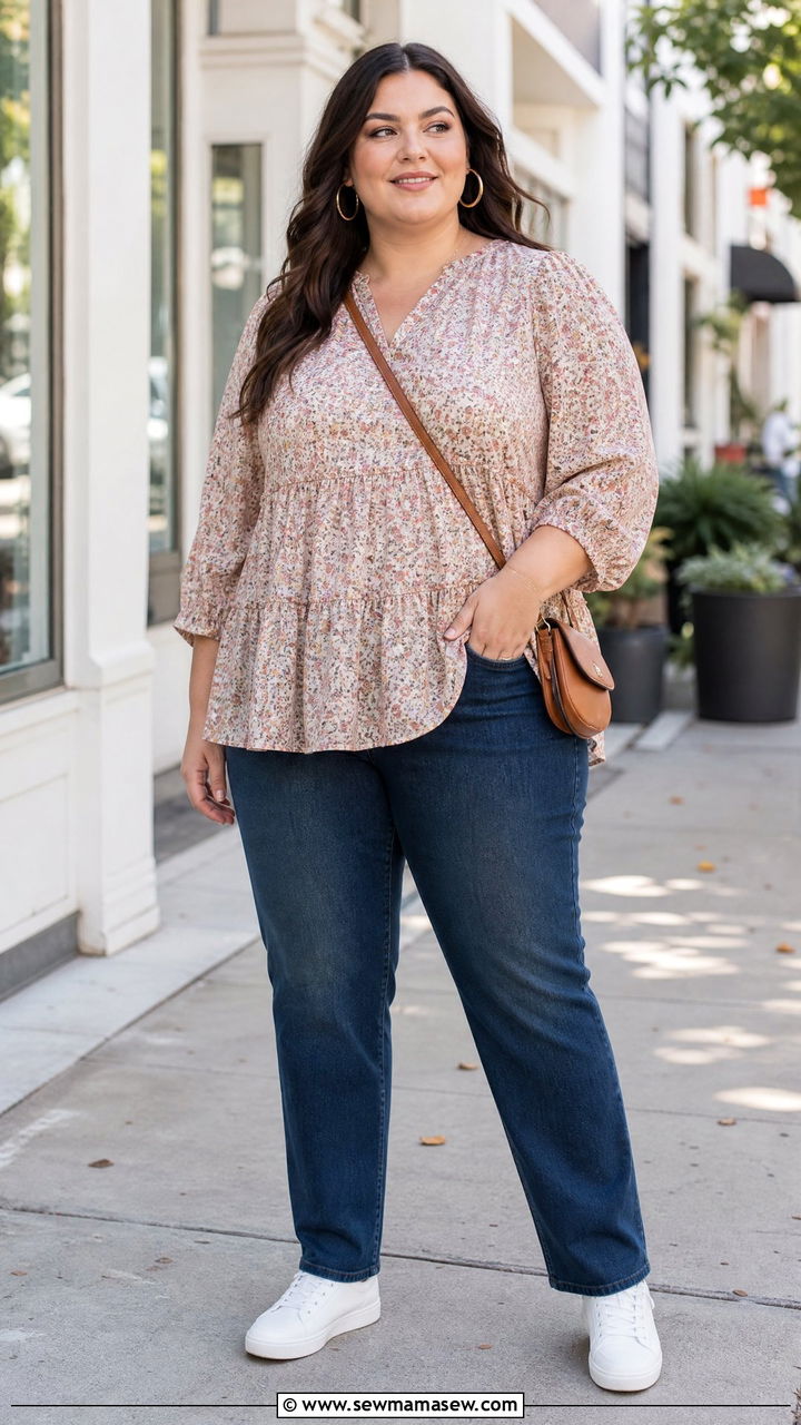 Plus Size Tiered Top With Straight Leg Jeans - 20 plus size tiered top outfit ideas