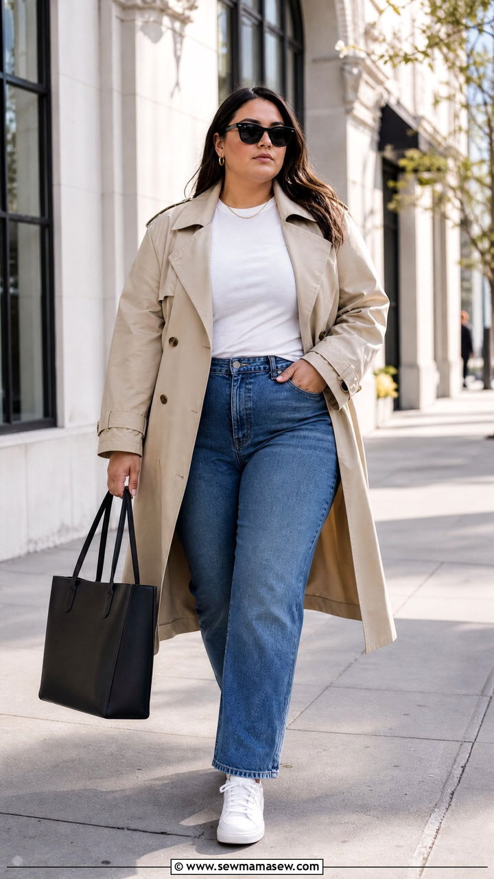 Plus Size Trench Coat And Casual Basics Outfit - 20 effortless plus size outfit ideas