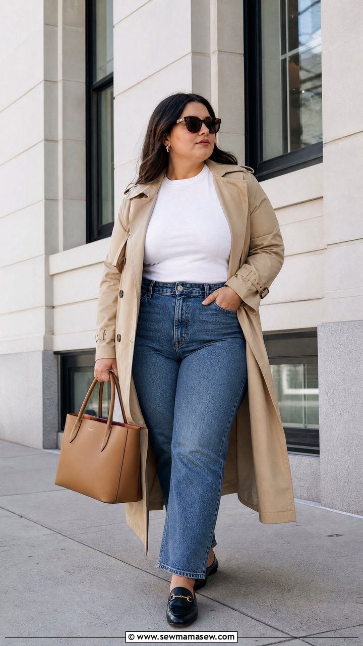 Plus Size Trench Coat And Straight Jeans Outfit - 20 plus size spring fashion outfit ideas