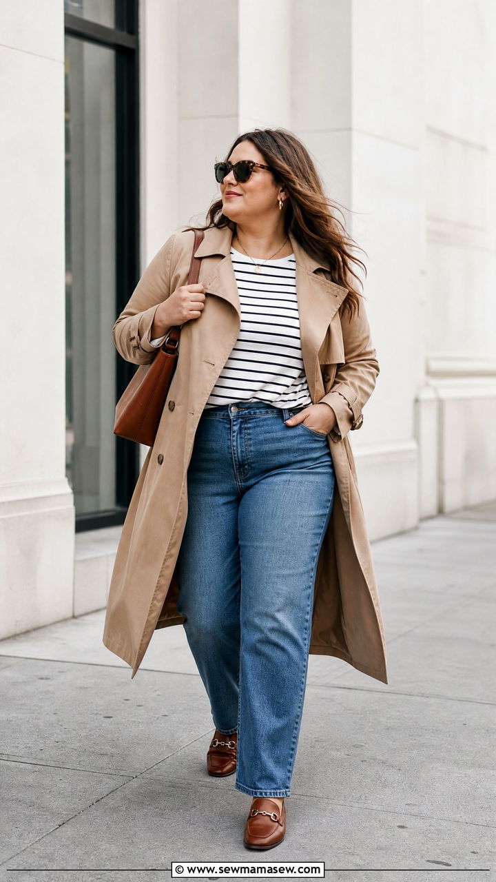 Plus Size Trench Coat And Straight Leg Jeans Outfit - 20 plus size transitional fall outfits