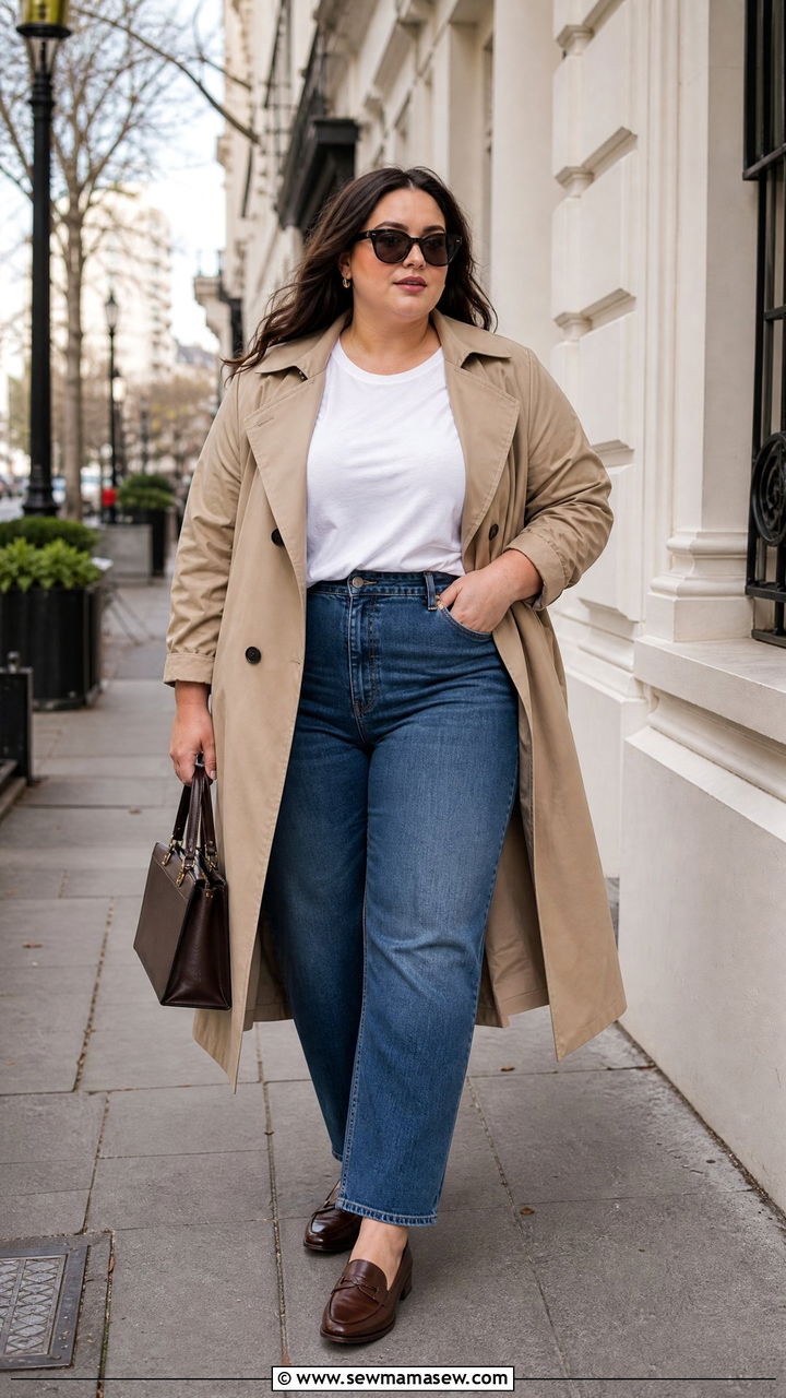 Plus Size Trench Coat And Straight Leg Jeans Outfit - 20 plus size neutral outfit ideas
