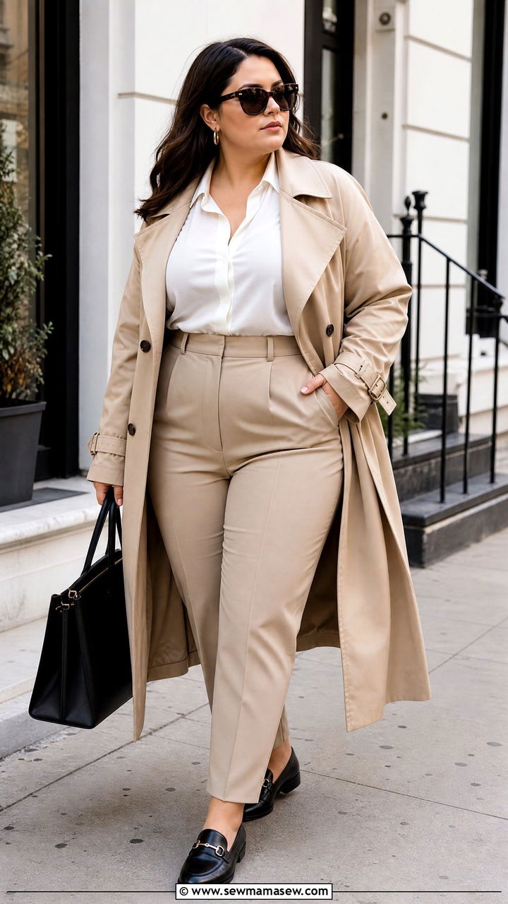 Plus Size Trench Coat And Tailored Pants Outfit - 20 plus size outfits for rectangle shape