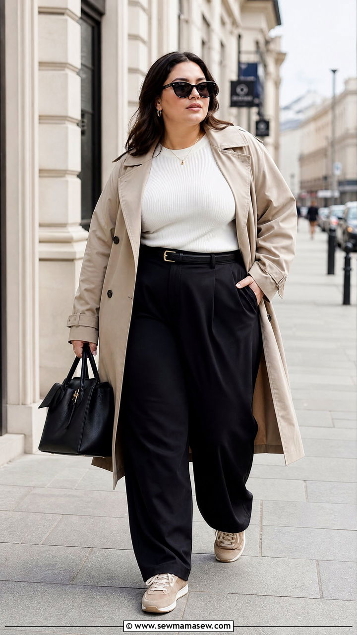 Plus Size Trench Coat And Trousers With Sneakers - 20 plus size outfit ideas with sneakers