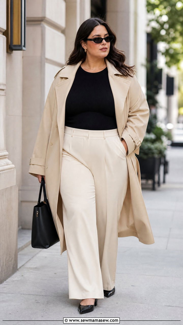 Plus Size Trench Coat And Wide Leg Pants Outfit - 20 plus size outfits for women over 30