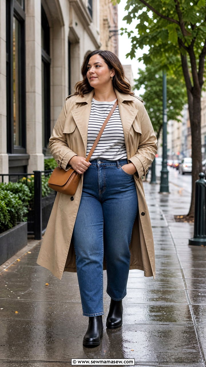 Plus Size Trench Raincoat With Straight Jeans - 20 plus size raincoat outfit ideas