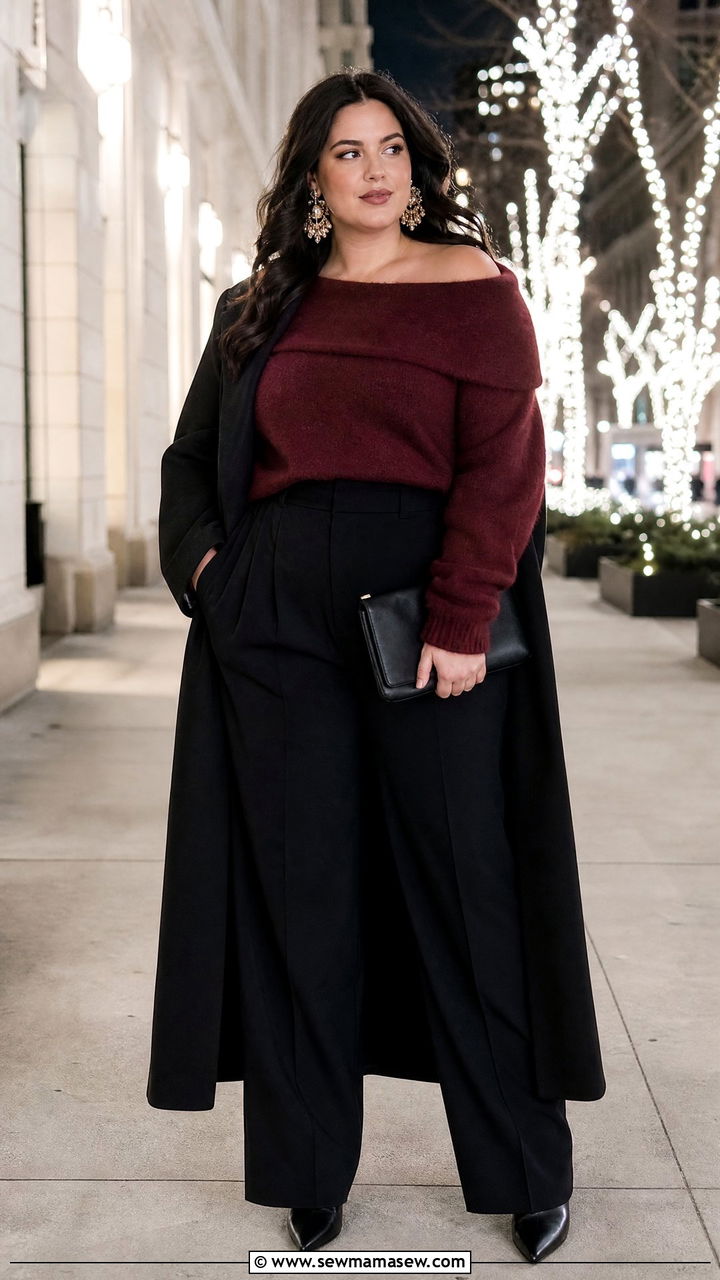Plus Size Trousers With Off Shoulder Sweater - 20 plus size winter date night outfit ideas