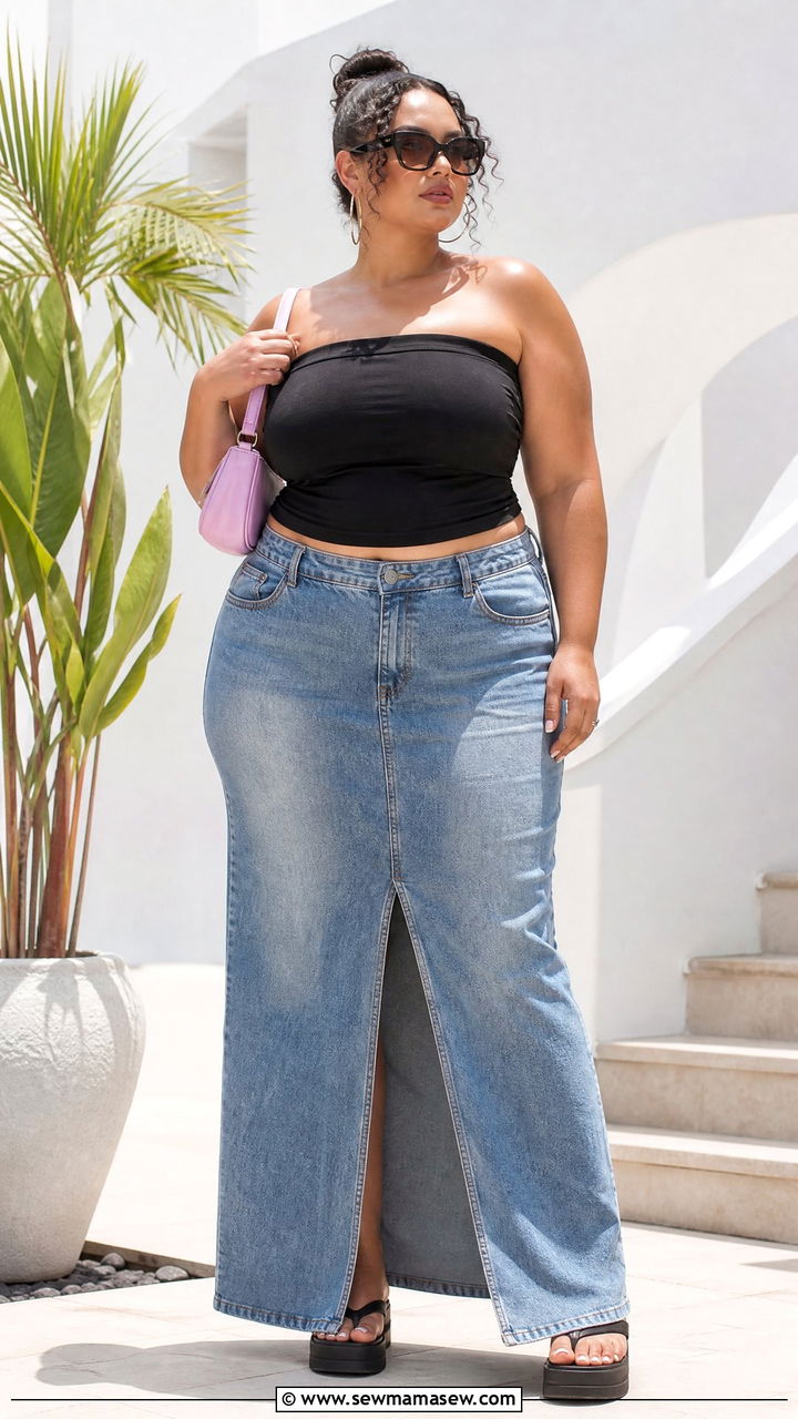 Plus Size Tube Top And Denim Maxi Skirt Outfit - 20 plus size y2k top outfit ideas