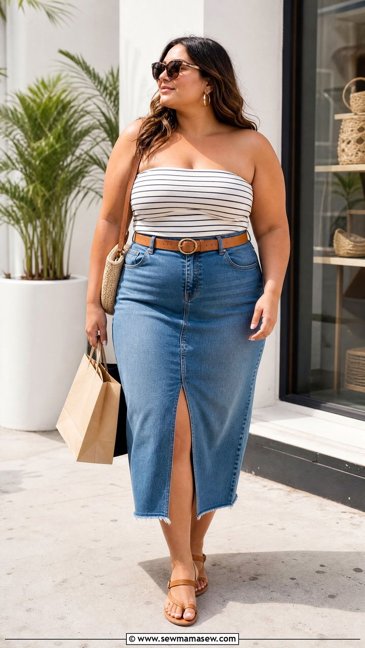 Plus Size Tube Top With A Denim Skirt - 20 plus size summer tube top outfit ideas