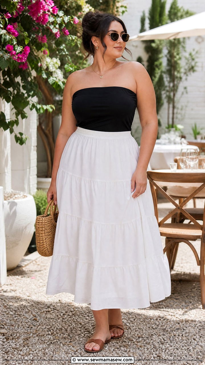 Plus Size Tube Top With A Tiered Midi Skirt - 20 plus size summer tube top outfit ideas