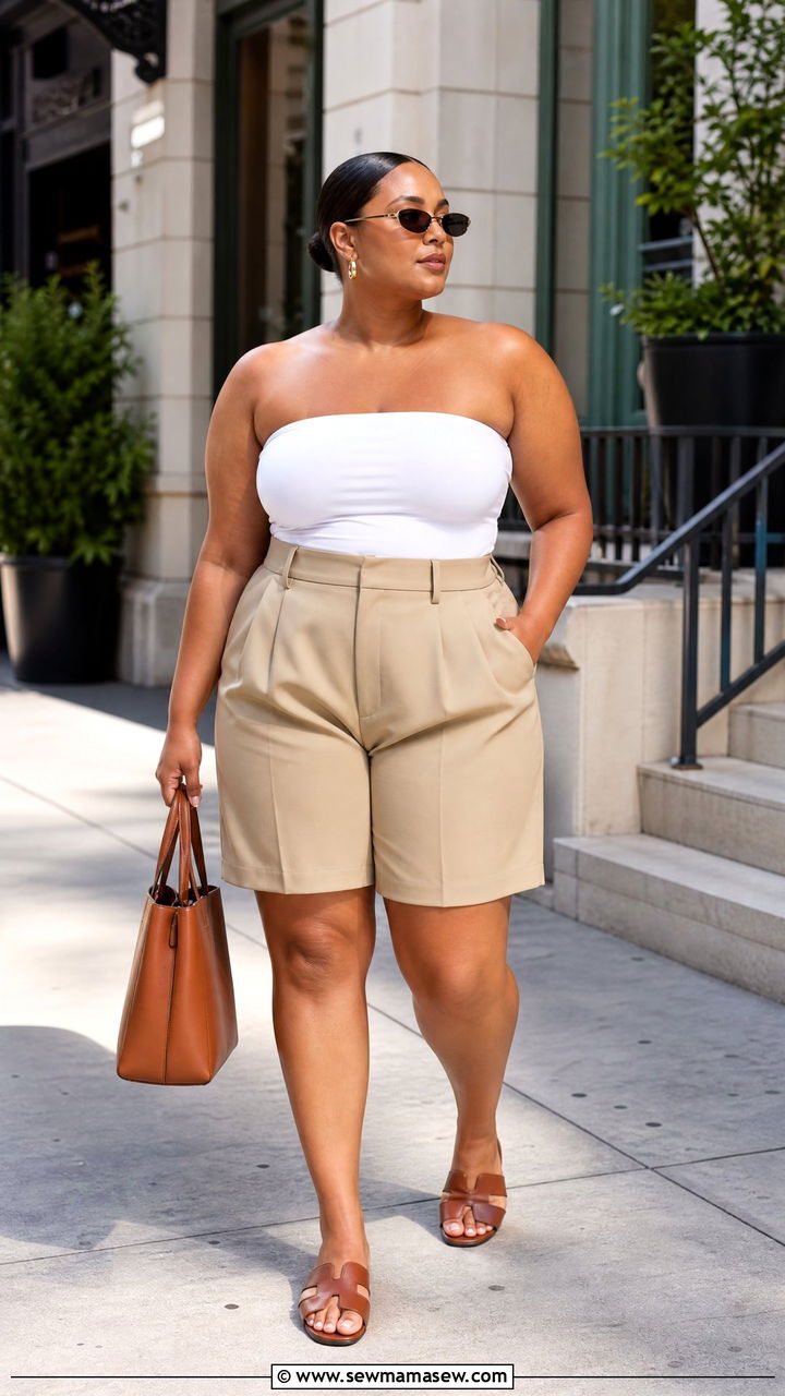 Plus Size Tube Top With Bermuda Shorts - 20 plus size summer tube top outfit ideas