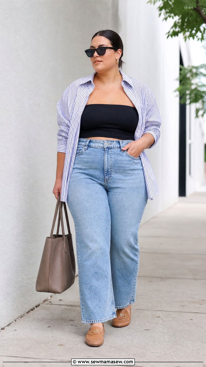 Plus Size Tube Top With Button Down Shirt - 20 plus size tube top outfit ideas