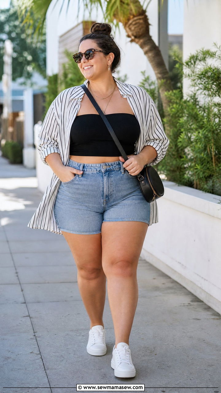 Plus Size Tube Top With Denim Shorts - 20 plus size summer tube top outfit ideas