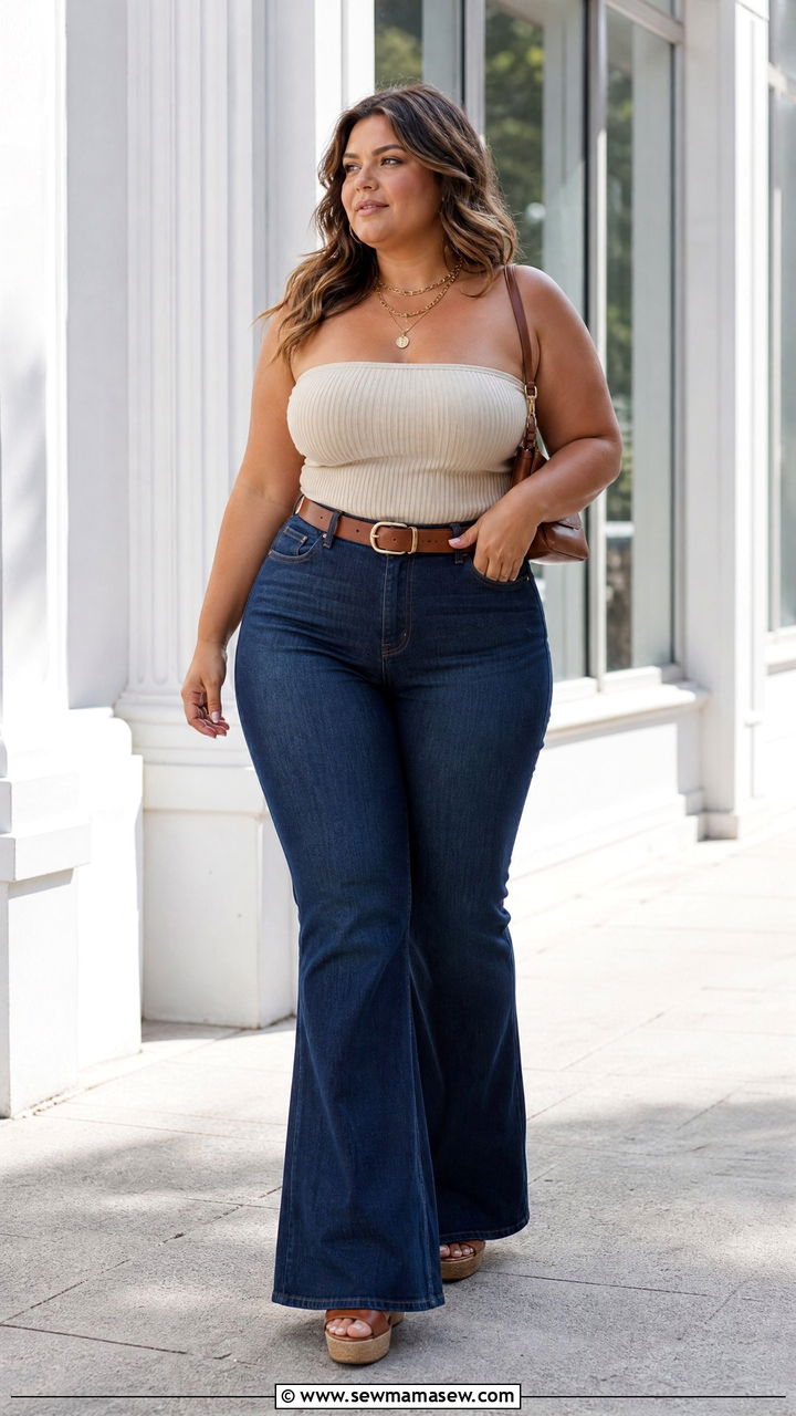 Plus Size Tube Top With Flare Jeans - 20 plus size tube top outfit ideas