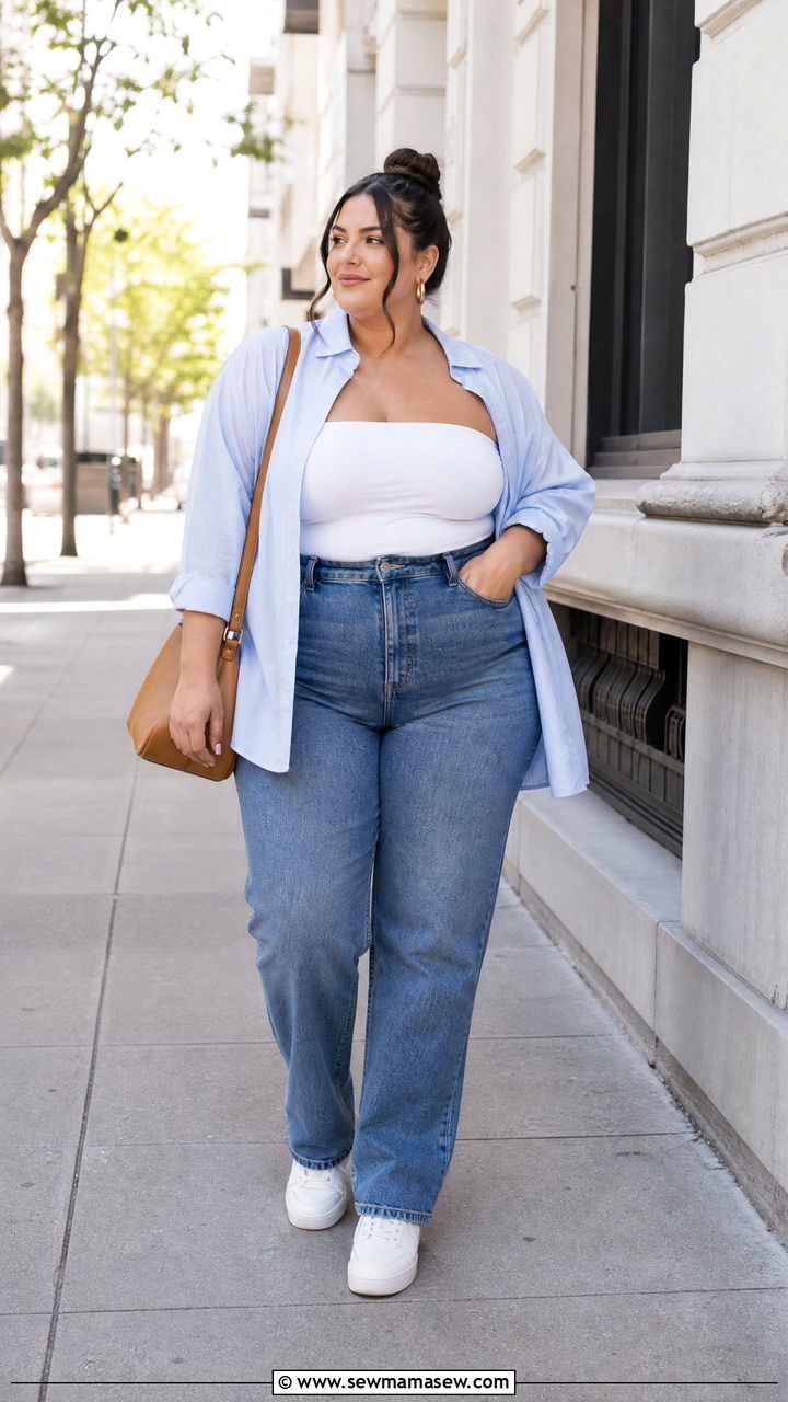 Plus Size Tube Top With High Waisted Jeans - 20 plus size tube top outfit ideas