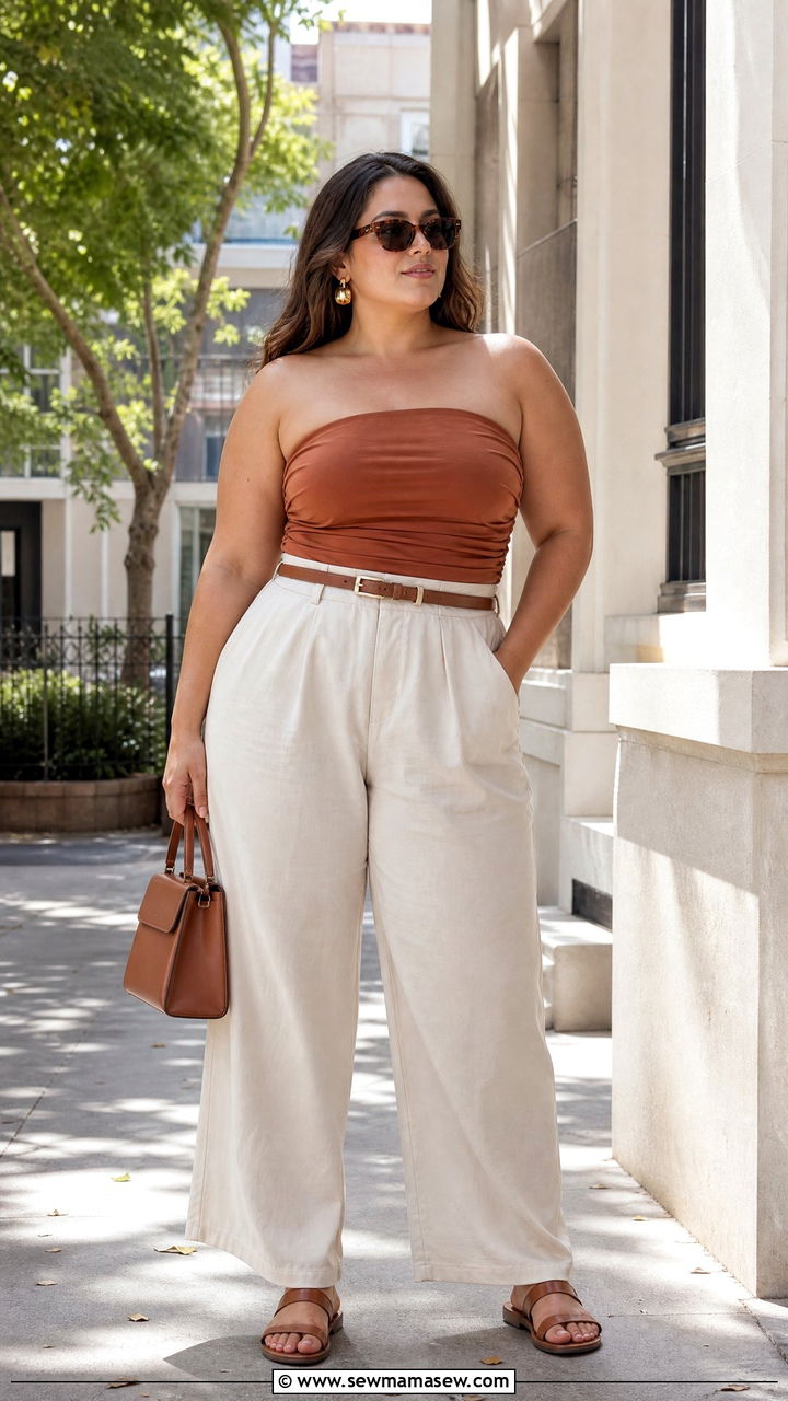 Plus Size Tube Top With High Waisted Trousers - 20 plus size summer tube top outfit ideas
