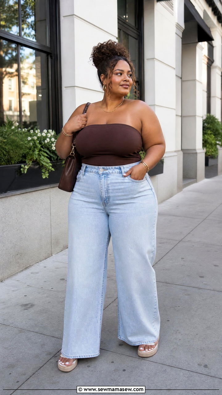 Plus Size Tube Top With Wide Leg Jeans - 20 plus size summer tube top outfit ideas
