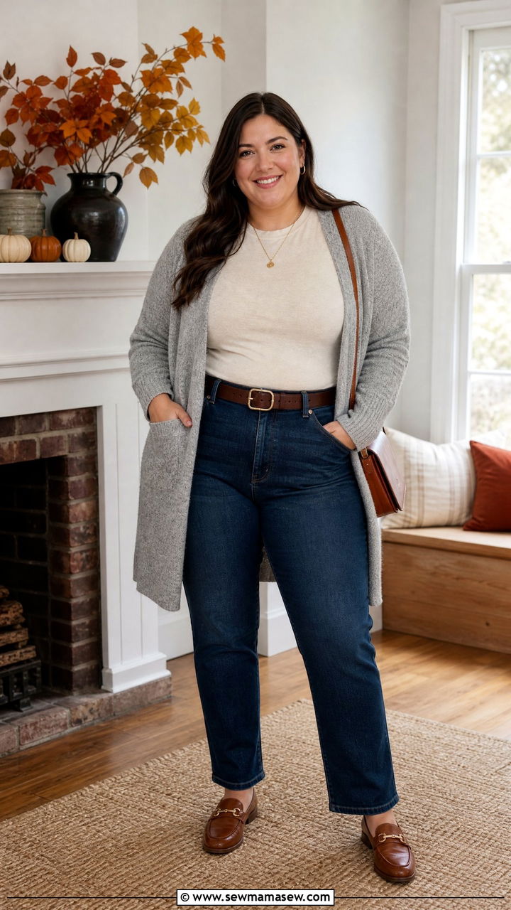 Plus Size Tucked In T Shirt With Cardigan And Jeans - 20 plus size tucked in t shirt outfit ideas