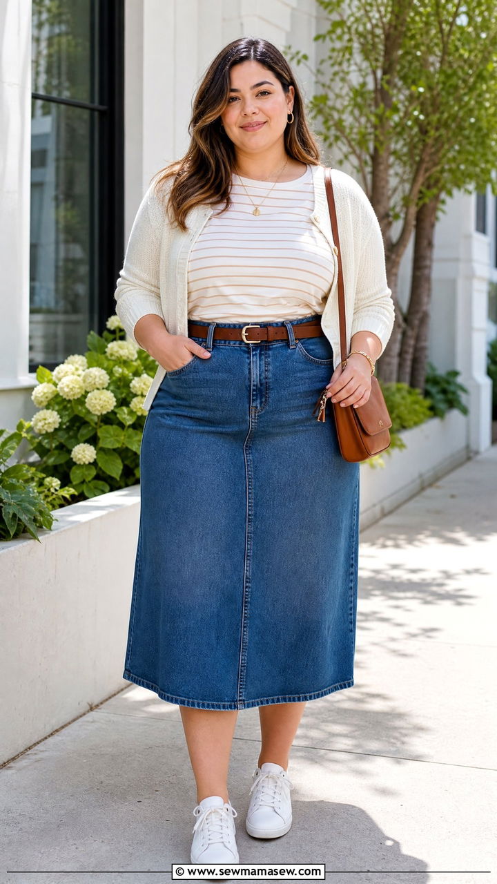 Plus Size Tucked In T Shirt With Denim Skirt - 20 plus size tucked in t shirt outfit ideas