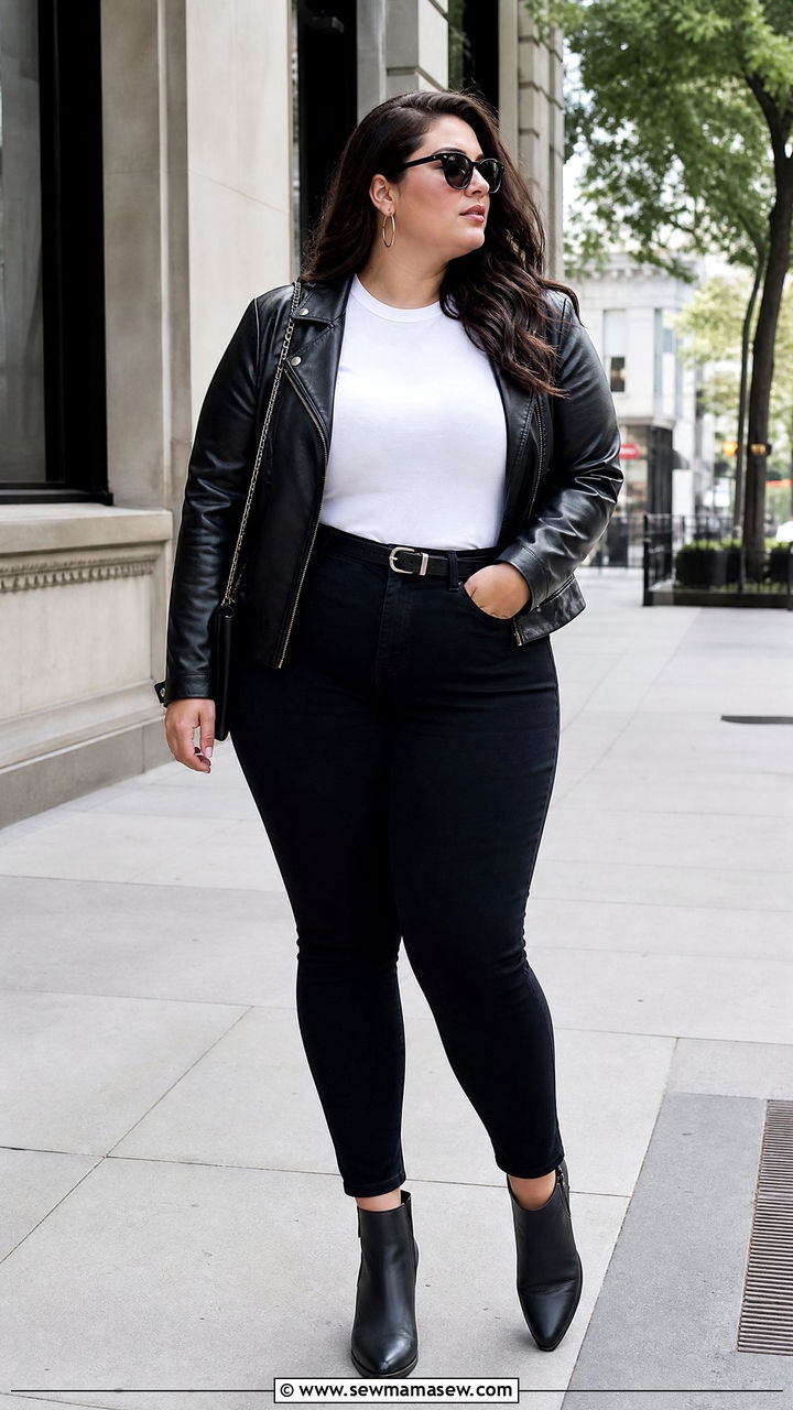 Plus Size Tucked In T Shirt With Leather Jacket - 20 plus size tucked in t shirt outfit ideas