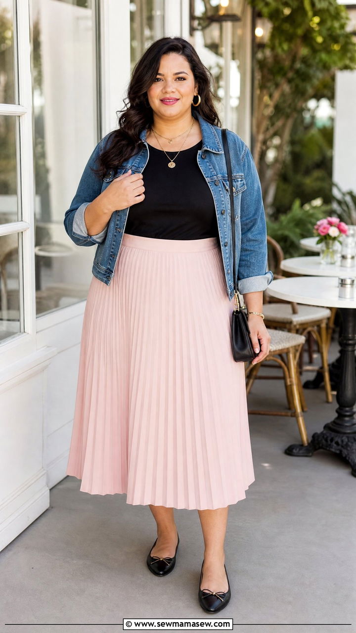 Plus Size Tucked In T Shirt With Pleated Midi Skirt - 20 plus size tucked in t shirt outfit ideas